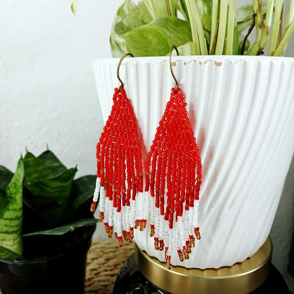 Red & White Boho Chic Fringe Cascade Dangle Earrings, Statement 4" - Picture 5 of 7